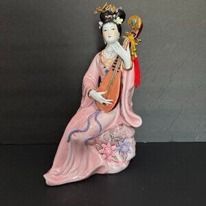 Vtg Chinese Lady Musician Glazed Porcelain Figure Headdress Pipa Lute Tassels